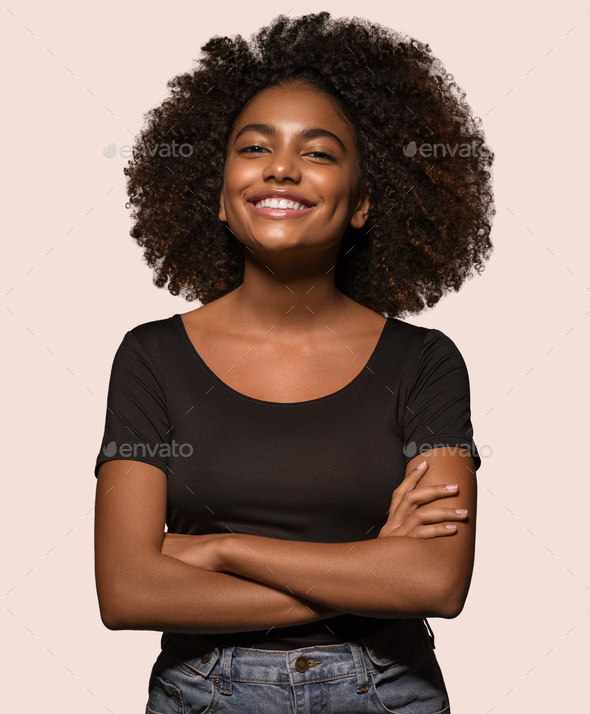 Beautiful African Woman Black T Shirt Portrait Afro Haircut Color