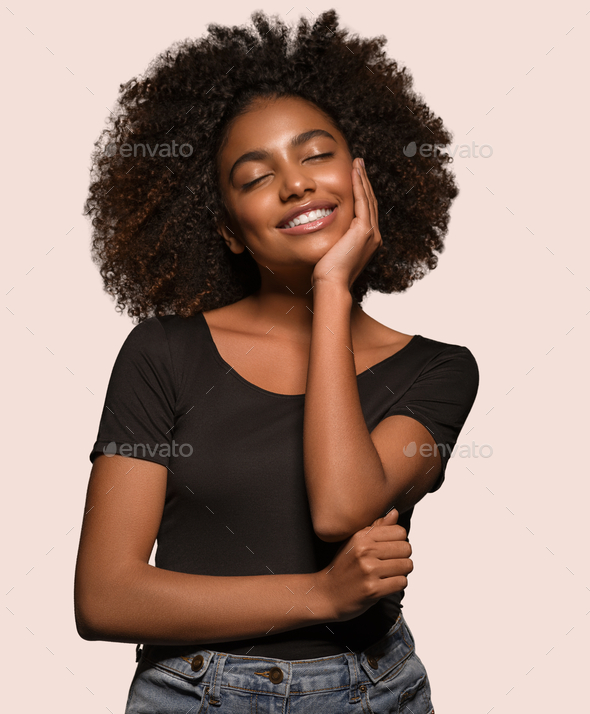 Beautiful African Woman Black T Shirt Portrait Afro Haircut Touching