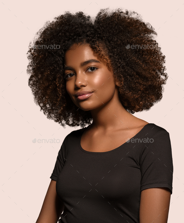 Beautiful African Woman Black T Shirt Portrait Afro Haircut Color