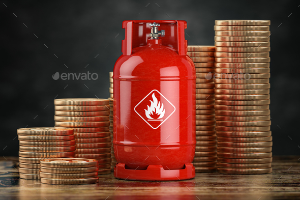 Gas bottle and stack of coins. Growth of price of LPG propane gas concept.
