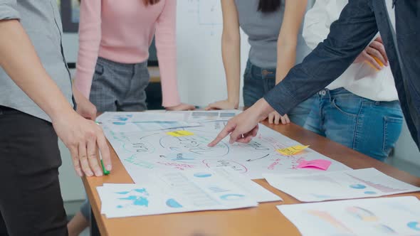 Group of asian creative employee standing and brainstorming stategy plan