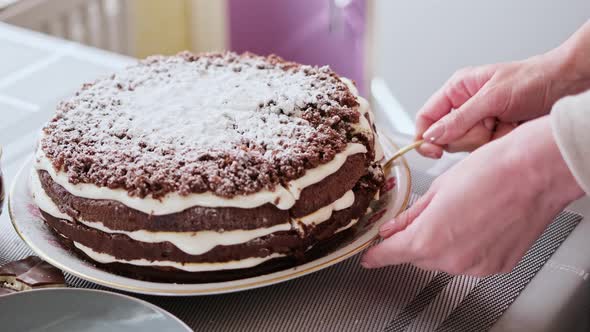Hungry Woman Cut Out Slice From Apple Cake at Cafe alt