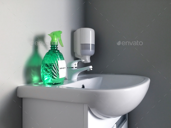 Concept of hygiene and cleanliness. Wash basin with antiseptic and liquid soap on a gray background.