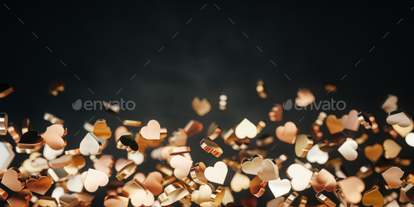 The Flow of golden hearts on black background.