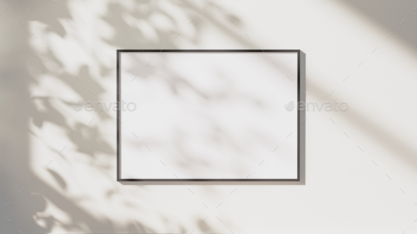 blank black horizontal frame mock up with leaves shadows and sunlight on white wall background - Stock Photo - Images
