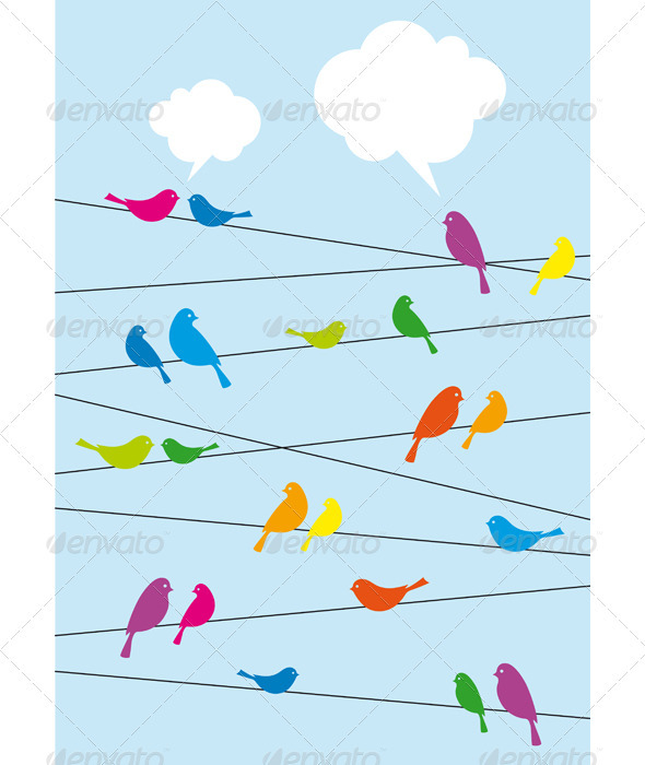 Birds Sitting On Wire, Vector Background - Animals Characters
