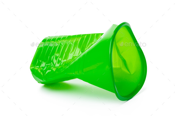 Recyclable crushed plastic cup isolated on white background