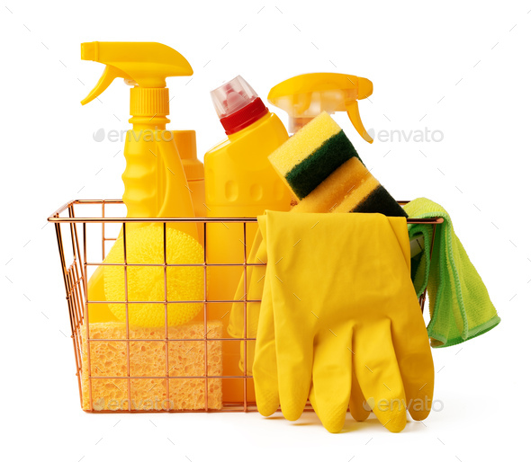 Basket with cleaning products on white background. Cleaning with