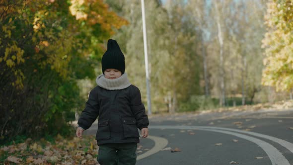 Beautiful Baby Boy Walks to the Camera in the Fall Park on a Sunny Day alt