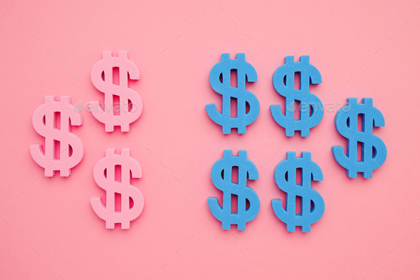 American dollar symbol on pink background,blue and pink money minimal flatlay