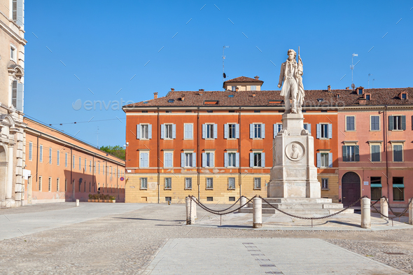 Piazza Roma and monument to Vincenzo Borelli, Modena - Stock Photo - Images