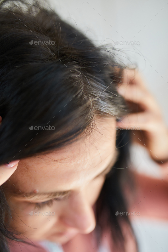 Portrait of a beautiful young woman examining her scalp and hair in front  of the mirror, Stock Photo by bondarillia