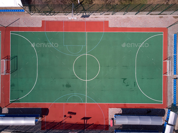 Aerial view from drone to mini football field.No People.