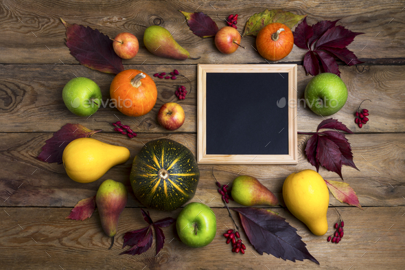 Square frame mockup with pumpkins, pears - Stock Photo - Images
