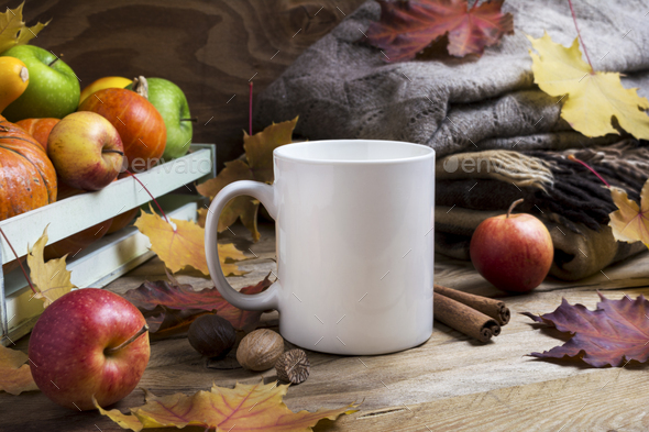White coffee mug mockup thanksgiving with fall leaves and knitted plaid - Stock Photo - Images