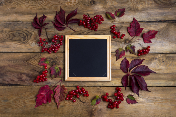 Square frame rustic mockup with viburnum berries - Stock Photo - Images