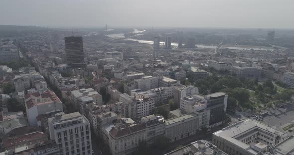 Belgrade city center drone panorama landing