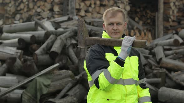 Lumberjack in Reflective Jacket. Man Woodcutter with Big Axe. Sawn Logs, Firewood Background alt