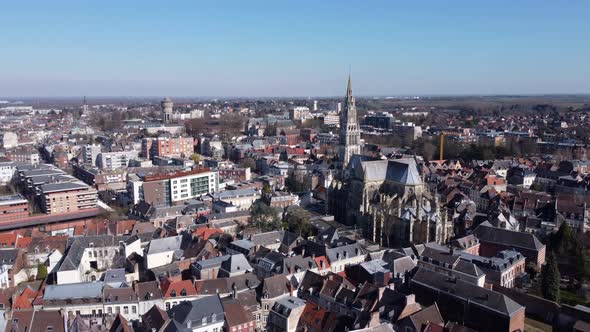 Basilica of Our Lady Saint Cordon, Valenciennes. Aerial Establishing. alt