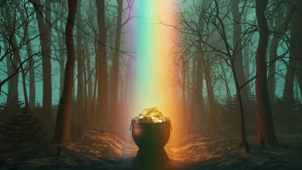 The pot of gold at the end of the rainbow. Leprechaun's treasure in the forest. alt
