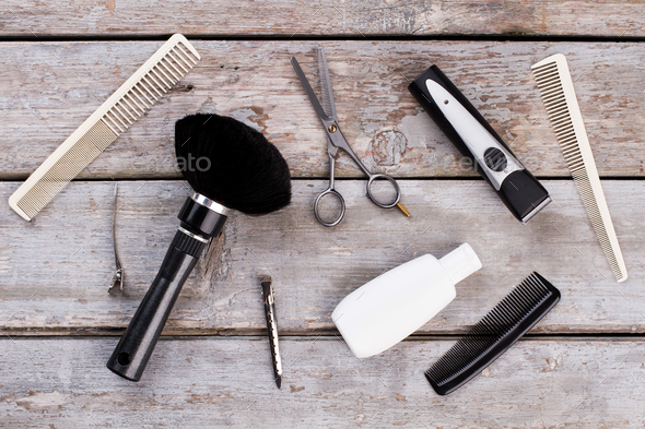 Haircut tools set for men, top view.