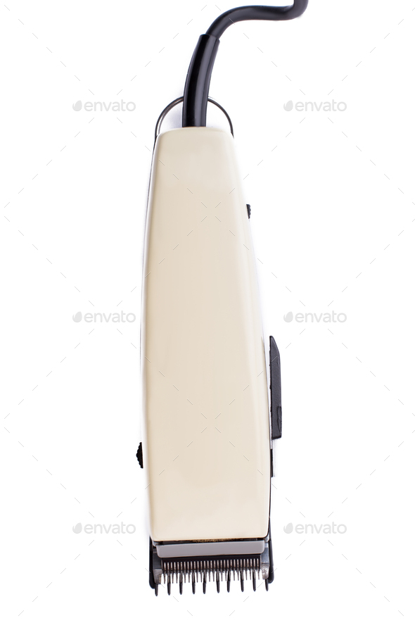 Electric hair and beard trimmer on white background.