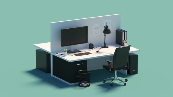 Transformation of two office desks during a day. Business, workplace background alt