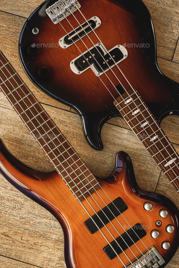 Perfect sound. Top view of the different electric guitars lying close