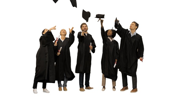 High School Graduates Tossing up Hats on White Background alt