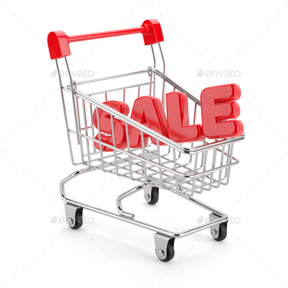 Shopping cart and Sale word isolated on white. 3D rendering. Stock ...