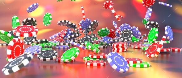 Poker chips falling on casino table. Gambling, betting and games of chance. 3d illustration
