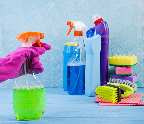 Cleaning service concept. Colorful cleaning set for different