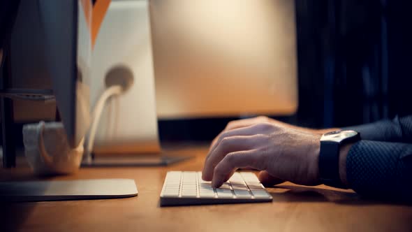 Software Developer Overtime Remote Working In Home At Deadline. Manager Typing On Keyboard At Night. alt