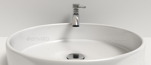Sink basin and faucet, bathroom interior. Chrome mixer tap and white washbasin. 3d illustration