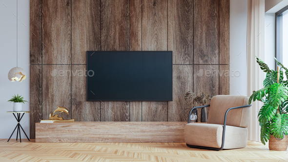 Tv On Cabinet The Wooden Wall In Living Room With Armchair Minimal Design Stock Photo By Vanitjan