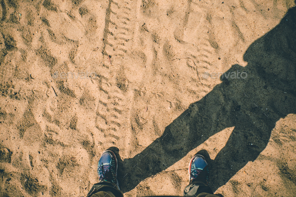 Aerial view of shoe standing on sand with tire tracks
