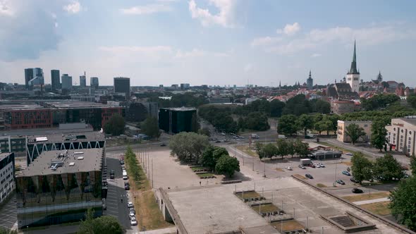 Tallinn, Estonia - Ascending camera flight drone aerial bird view of the capital of Estonia - Panora alt