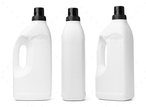 White plastic bottle of washing liquid isolated on white background ...