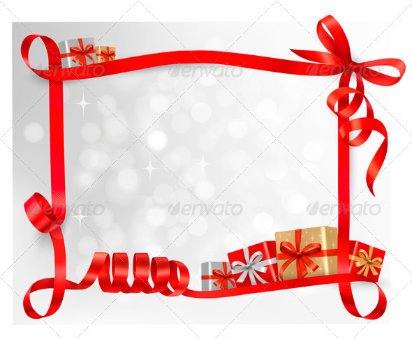 Holiday background with red gift bow with gift box - Christmas Seasons/Holidays