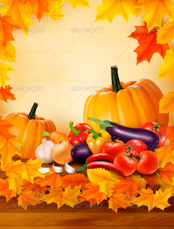 Autumn vegetable on wooden background with leaves - Seasons Nature