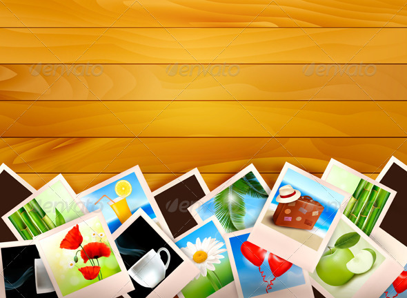 Colorful photos on wooden background - Travel Conceptual