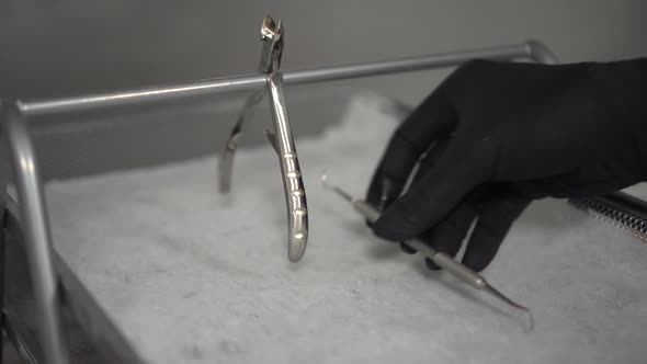 The Woman Puts the Instruments on the Drying Platform After Sterilization alt