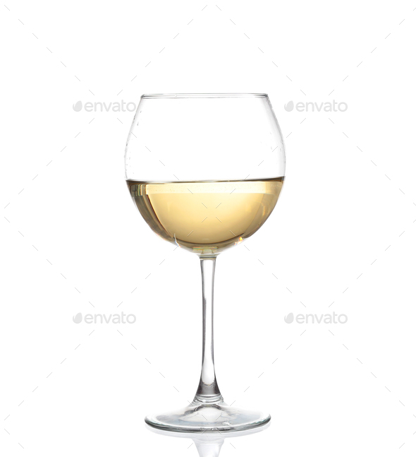 WHITE wine swirling in a goblet wine glass, isolated on a white background