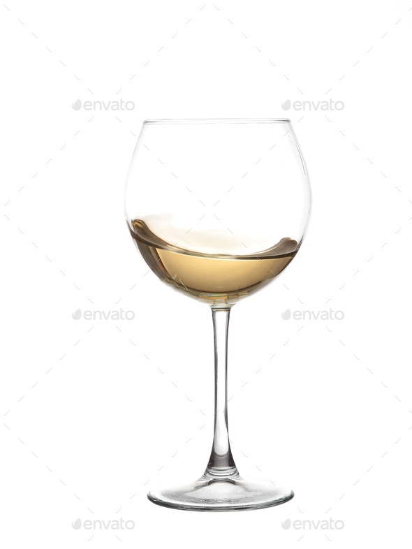 white wine swirling in a goblet wine glass, isolated on a white background