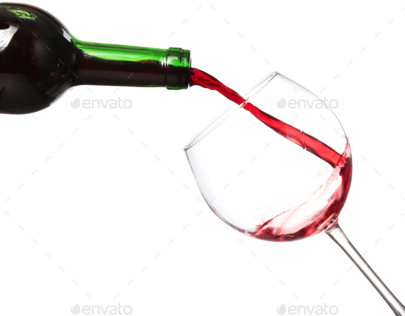 Red Wine Pouring From Bottle Into Big Glass On White Background Stock ...