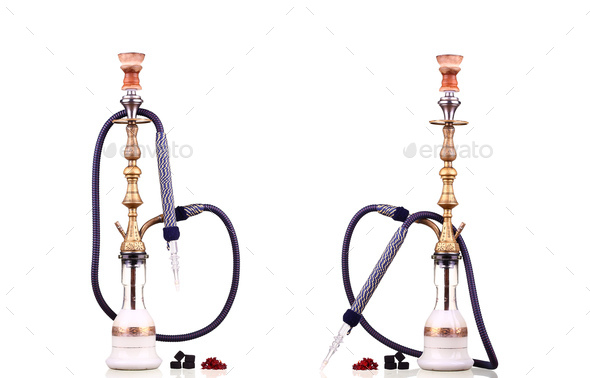 collage Hookah isolated on a white background. Water pipe, hookah tobacco, coal, charcoal