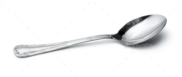 Clean shiny metal spoon isolated on white. Stainless steel small