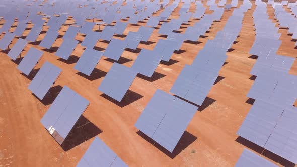 Aerial of solar panels, on solar energy farm