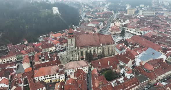 Cinematic Drone Flying Aroud the Black Church in Brasov Downtown City Center