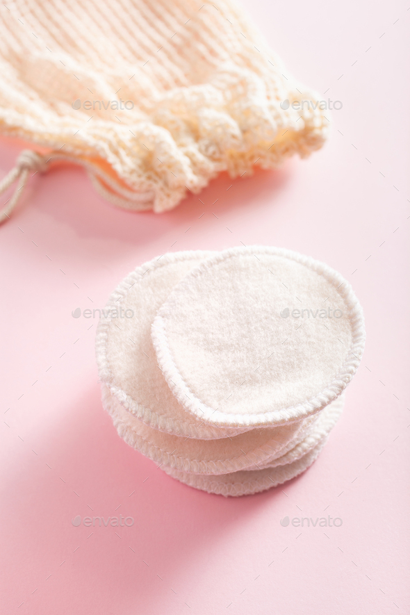zero waste eco friendly hygiene bathroom concept. reusable cotton pads in bag, makeup removal